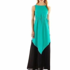 Teal and black silk like material maxi